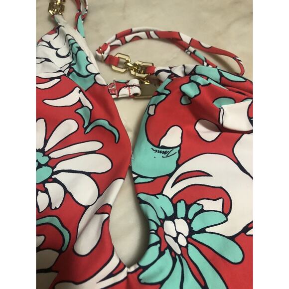 Trina Turk $158 Garden Bloom Plunge One Piece Swimsuit Red Gold Hardware Size L - Picture 5 of 9